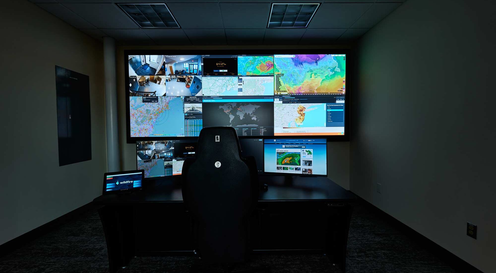 A control room with multiple screens displaying interfaces.